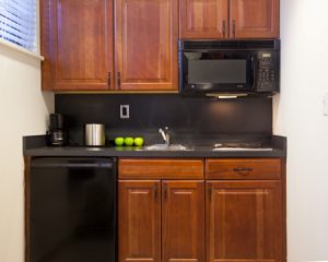 kitchen in hotel guest room with fridge and microwave